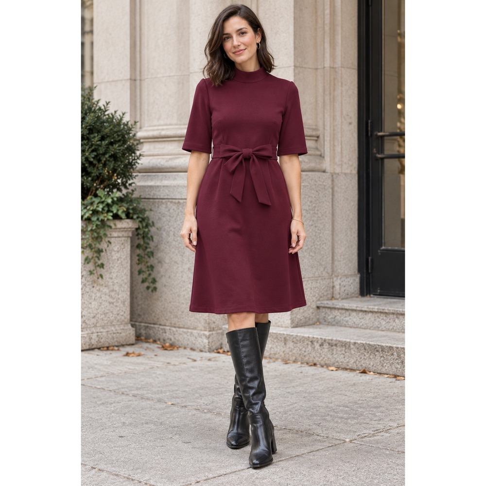 Ann Taylor Chic Quiet Luxury Work Mock Neck Waist Midi Dress Burgundy Sz 6